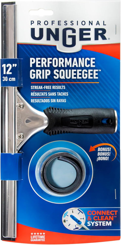 Unger Professional 12" Performance Window & Glass Cleaning Squeegee with Replacement Rubber - Heavy Duty Cleaning