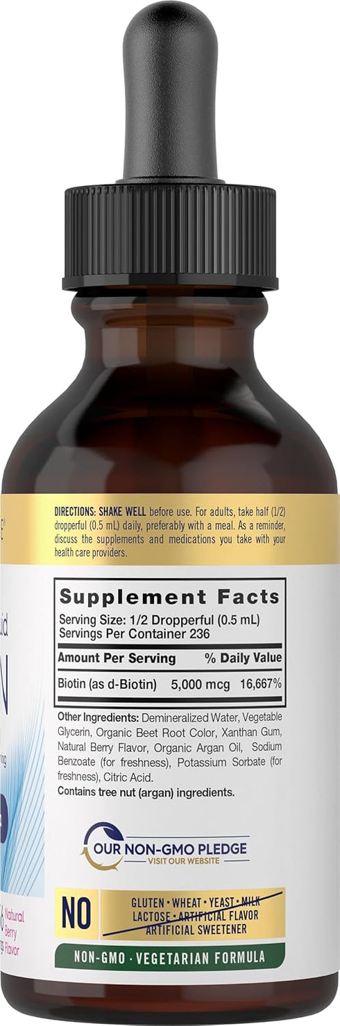 Carlyle Biotin Liquid Drops 5000mcg | 4 fl oz | Berry Flavor | Vegetarian, Non-GMO & Gluten Free Supplement