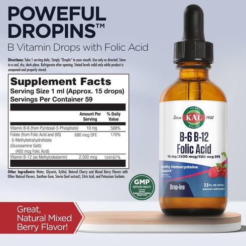 KAL Vitamin B-6 B-12 Folic Acid DropIns, Liquid Vitamin B Supplement Drops, 2oz, 59 Servings, Natural Mixed Berry
