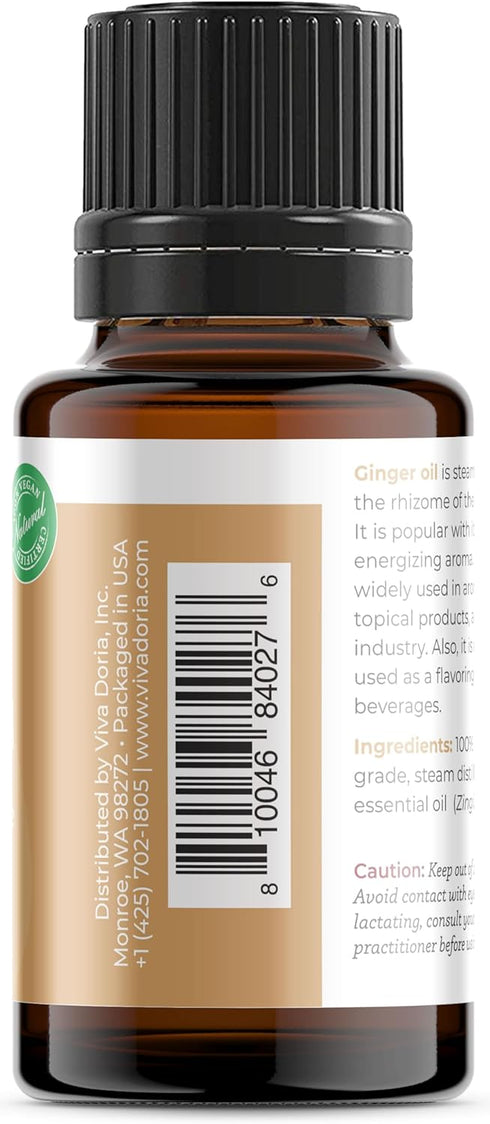 Viva Doria 100% Pure Ginger Essential Oil, Undiluted, Food Grade, 0.5 Fluid Ounce (15 mL) Natural Aromatherapy