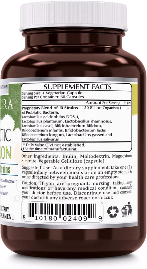 Amazing Flora Probiotic, 50 Billion with 10 Strains, 60 Veggie Capsules for Digestive & Immune Health