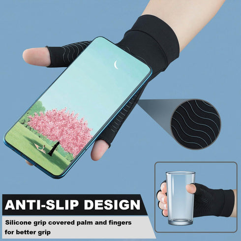 2 Pairs Copper Compression Gloves for Arthritis, Carpal Tunnel Pain Relief, Anti-Slip Fingerless Hand Gloves (L)