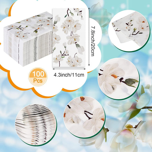 Outus 100 2 4.3 7.8 Inches Pcs Floral White Magnolia Paper Guest Towels Ply with Acrylic Napkin Holder, Disposable
