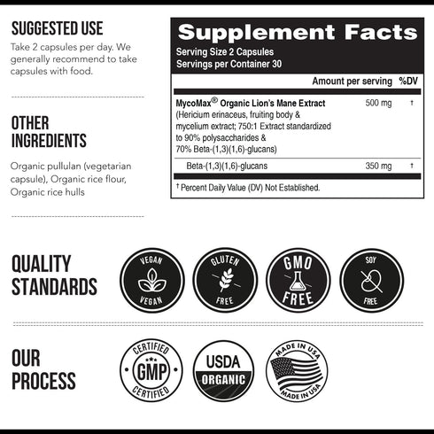 MycoMax Lions Mane Supplement, 60 Capsules - 70% Beta Glucans, Max Potency Organic Lions Mane Extract
