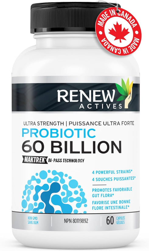 Renew Actives New Probiotics 60 Billion CFU with MAKTREK Bi-Pass Technology, Probiotics Made to Survive Stomach Acid with Advanced Absorption for Digestive Health, Immunity, & 60 Capsules!