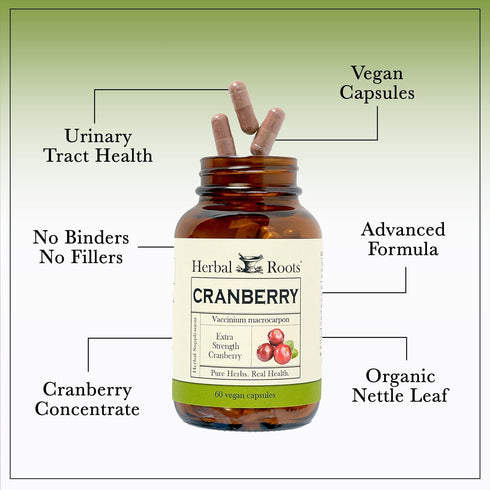 Herbal Roots Extra Strength Cranberry Pills for Women & Men with Organic Nettle, Urinary Tract Health, 60 Vegan Capsules
