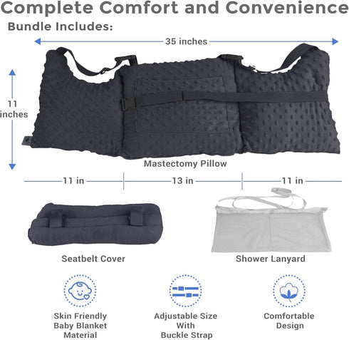 Zomaple Mastectomy Recovery Pillow + Strap, Seat Belt Cover & Shower Lanyard Post-Op Essentials, Breast