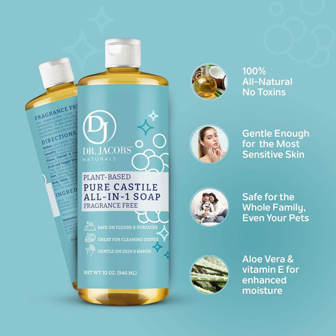 Dr. Jacobs Naturals Fragrance Free Castile Cleaner: All-In-One Soap, Effective Plant-Based Formula for House Cleaning