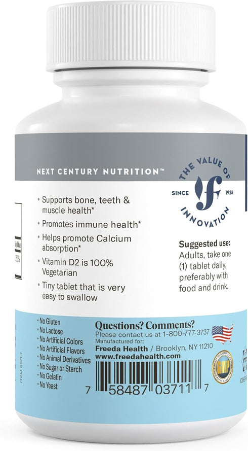FREEDA Vitamin D2 2000 IU, Vegan Vitamin D for Bone Strength & Immune Support, 100 Tiny Tablets