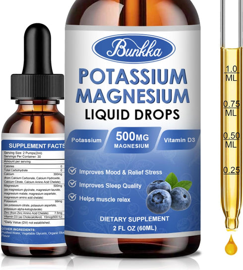 Potassium Magnesium Supplement with Calcium, Vitamin D3, Zinc, Sugar Free & Vegan Liquid Drops