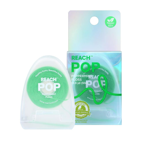 REACH POP Dental Floss, Peppermint, Vegan Wax, 54.6yd, PFAS-Free, Eco Friendly Floss Holder for Adults & Kids