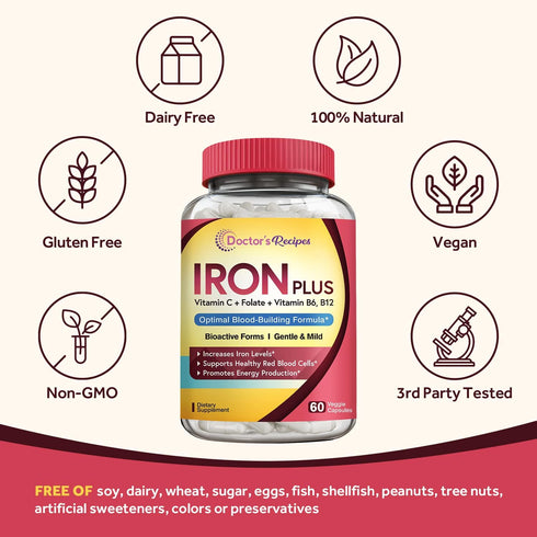 Doctor's Recipes Iron Supplement: Non-Constipating, Gentle Iron Pills with Vitamin C, B6, Folate & B12