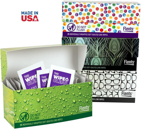 Flents Wipe N Clear Lens Wipes, 25 Count, Assorted Box Patterns, Portable Cleaning Cloths for Glasses, Streak-Free