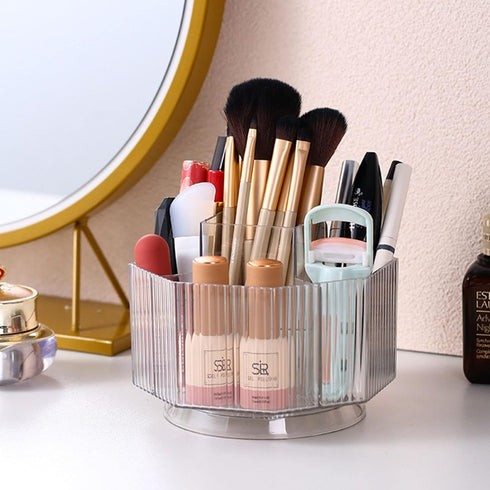 LINFIDITE 360° Rotating Makeup Brush Holder, Clear Cosmetic Display Case with 5 Slots for Vanity Organizer