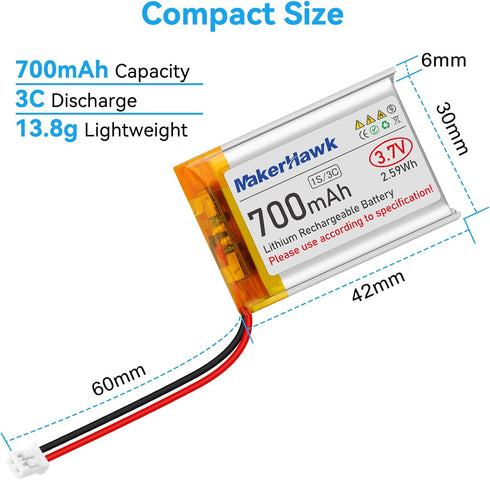 MakerHawk 3.7V 700mAh 603040 Ph1.25 (2 Lipo Battery Rechargeable Lithium Polymer Battery Micro Connector Integrated