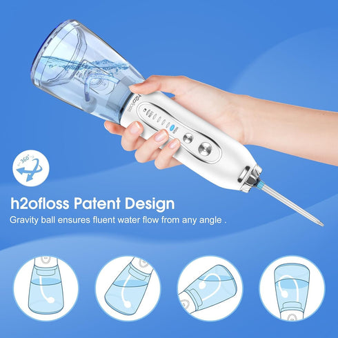 H2ofloss Portable Water Dental Flosser with 5 Modes, 6 Replaceable Jet Tips, Rechargeable, IPX7 Waterproof, 300ml