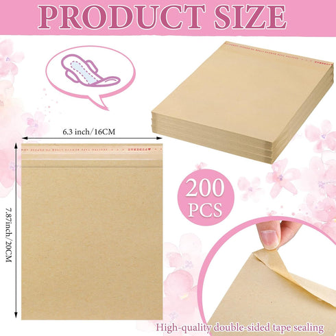 200 Pcs Feminine Hygiene Disposal Bags, Large Sanitary Napkin Disposal Bags, 7.87 x 6.3 Inch, Bulk Disposable Kraft Bags
