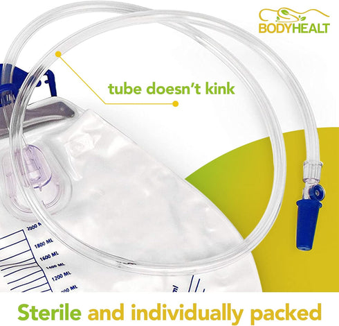 BodyHealt Foley Catheter Bag, Urinary Drainage Bag with Anti-Reflux Chamber, 2000 mL Volume, 48" Drainage Tube
