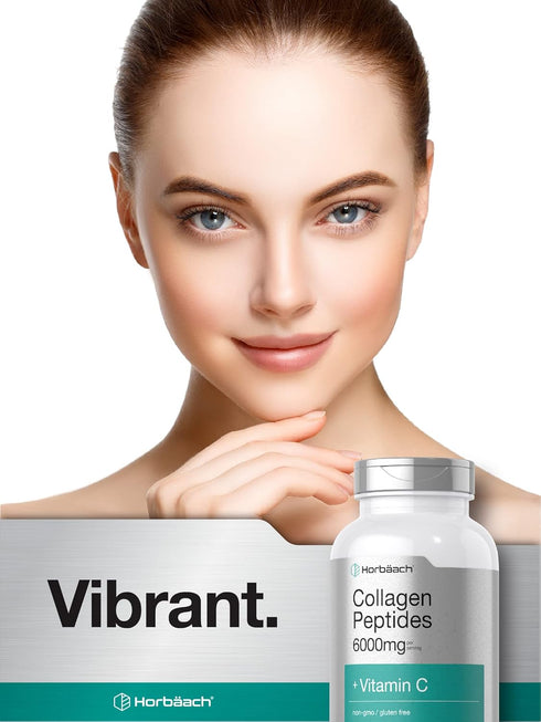 Horbaach Collagen Peptides 6000mg - 300 Caplet Pills, with Vitamin C, Hydrolyzed Collagen Supplement