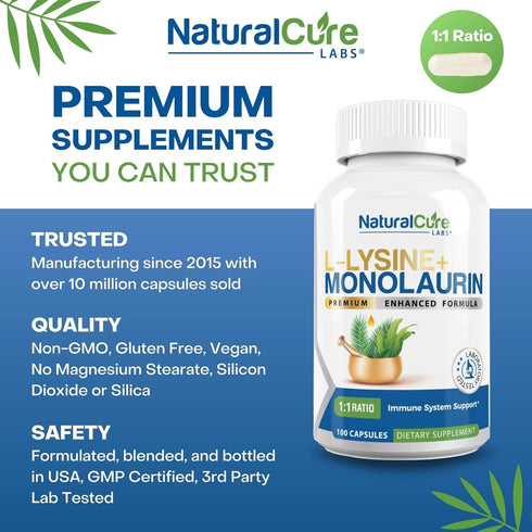 L-Lysine + Monolaurin 600mg 1:1 Ratio, 100 Capsules