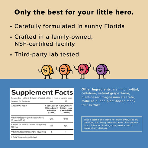 Renzo's Hercules Calcium Supplement with Vitamin D3 & K2 - 60 Grape-Flavored Melty Tabs for Kids Ages 2+