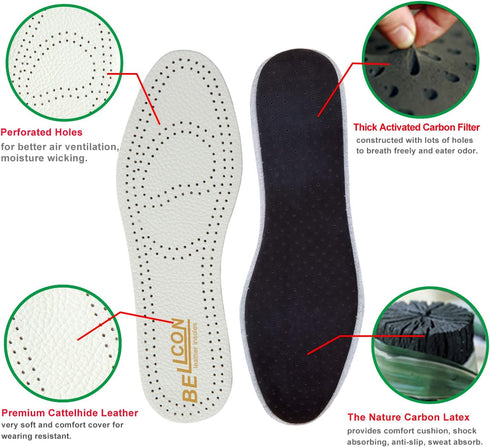 Leather Insoles for Men, Black Thin Inserts for Dress Shoes, Nonslip Shoe Pads (3 Pairs, US 9-9.5)