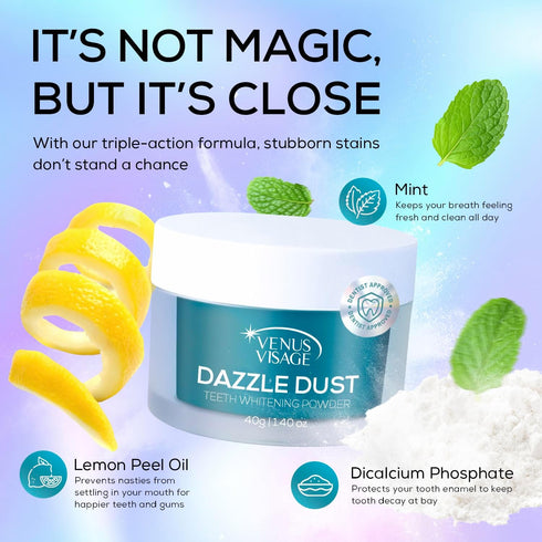 Venus Visage Dazzle Dust Teeth Whitening Powder, 40 g - Enamel-Friendly Tooth Powder for Stain Removal