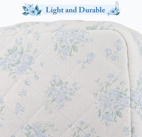 Quilted Cotton Makeup Bag - Blue Cute Floral Travel Cosmetic Bags, Large Aesthetic Skincare Pouch for Women