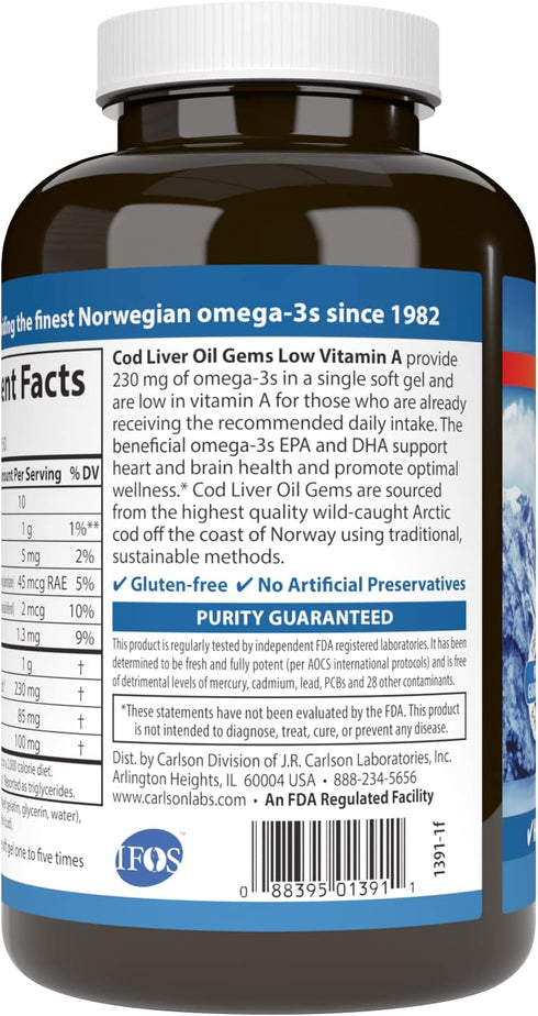 Carlson - Cod Liver Oil Gems, Low Vitamin A, 230 mg Omega-3s, 150 Softgels