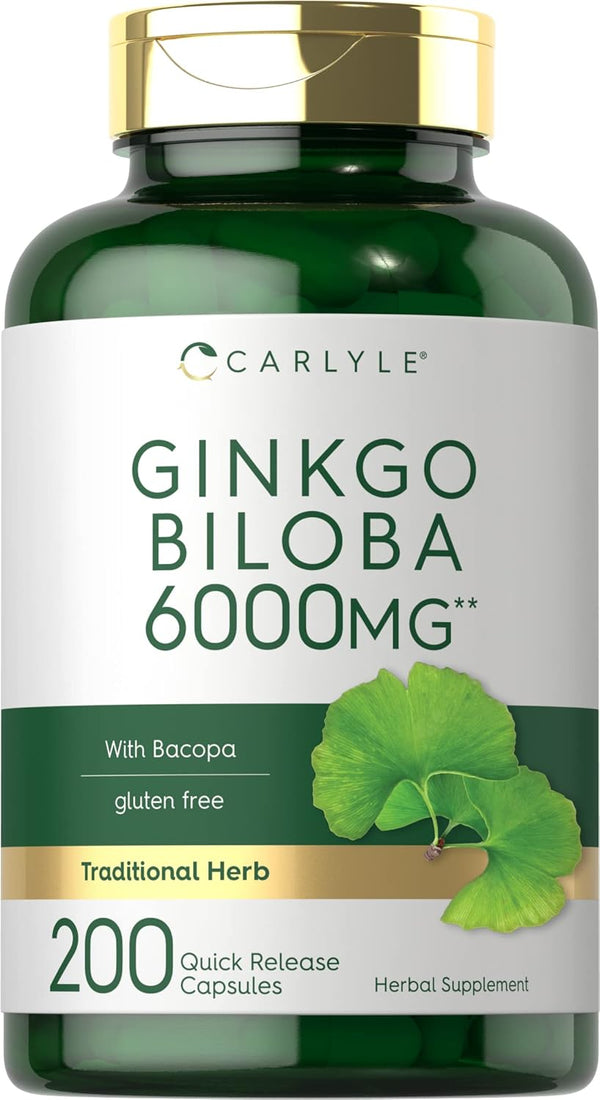 Carlyle Ginkgo Biloba Pills, 6000mg, 200 Capsules, Maximum Strength, Non-GMO, Gluten Free Supplement