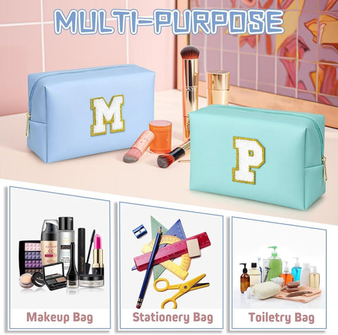 Initial Makeup Bags for Women, Personalized Portable Cosmetic Bag, PU Leather Waterproof Toiletry Bag, Cute Travel Pouch