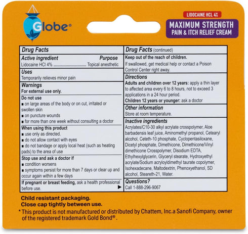 Globe 2 Pack Lidocaine 4% Multi-Symptom Relief Cream, 1.75 oz, Numbs Pain & Itch, Steroid Free Non-Greasy