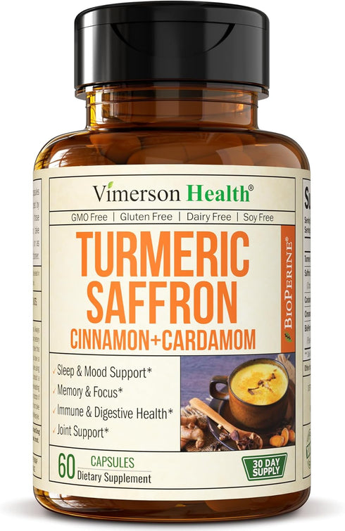 Turmeric Saffron Supplements with Cinnamon & Cardamom for Joint Support, 60 Capsules