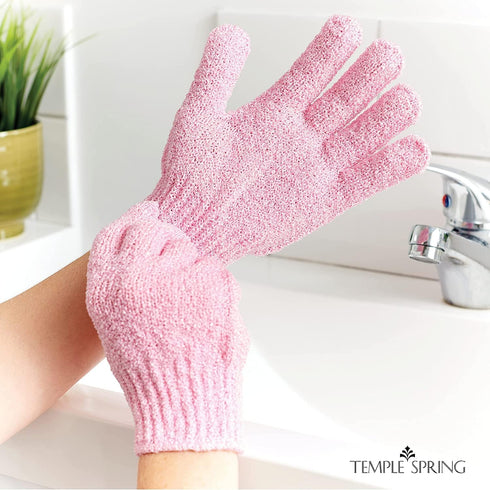 Temple Spring Exfoliating Gloves - Rayon Bamboo Bath/Shower Gloves, Bath Gloves for Shower Exfoliating and Ingrown Hair/Dead Skin Remover - Exfoliator Mitt Scrub Gloves - Pink