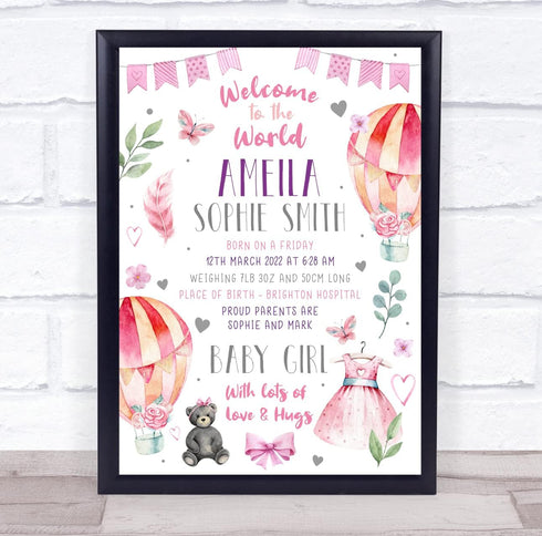 The Card Zoo New Baby Birth Nursery Christening Girl Hot Air Balloon Keepsake Gift Print