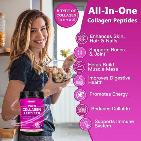 ZEBORA Collagen Peptides Powder | 50 Servings | Hydrolyzed Multi Collagen Type I II III V X with Hyaluronic Acid &