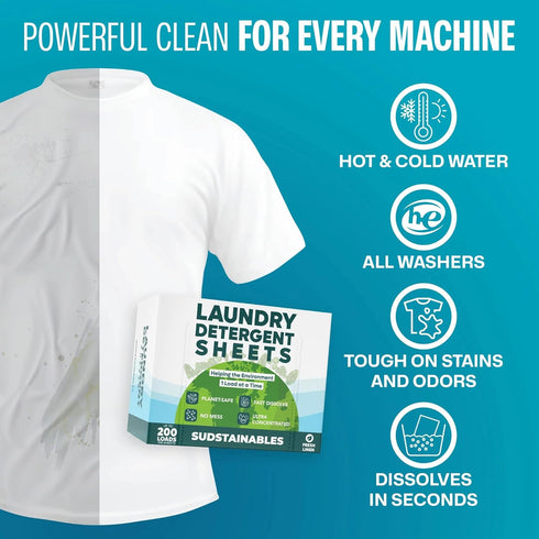 Eco Friendly Laundry Detergent Sheets, 100 sheets (200 loads) - Plant-Based Free and Clear Strips