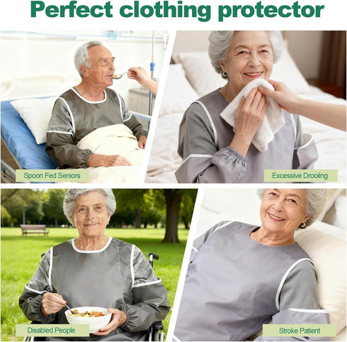 Unisex Adult Bibs with Sleeves, Washable & Reusable Clothing Protector with Optional Crumb Catcher Adjustable Collar
