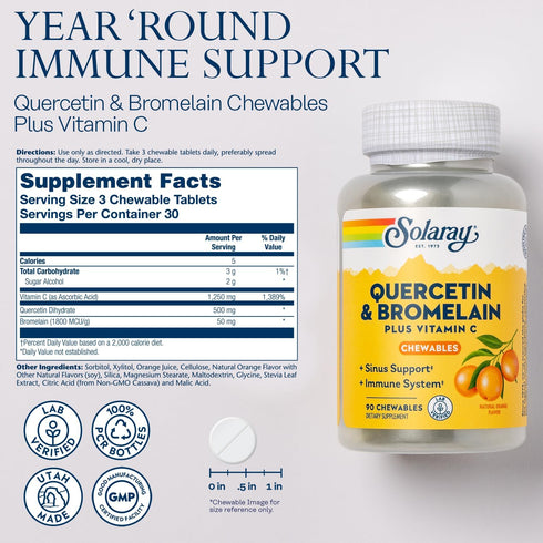 SOLARAY Quercetin with Bromelain and Vitamin C Chewables, Immune Support Supplement, 90ct