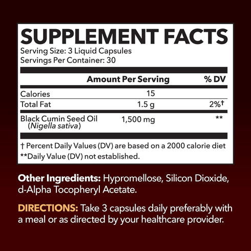 Black Seed Oil Nigella Sativa Cold-Pressed Capsules | 1500mg Black Cumin Seed Oil with Antioxidants for Immune Support and Joint and Digestive Health | 90 Vegetarian & Non-GMO Liquid Capsules