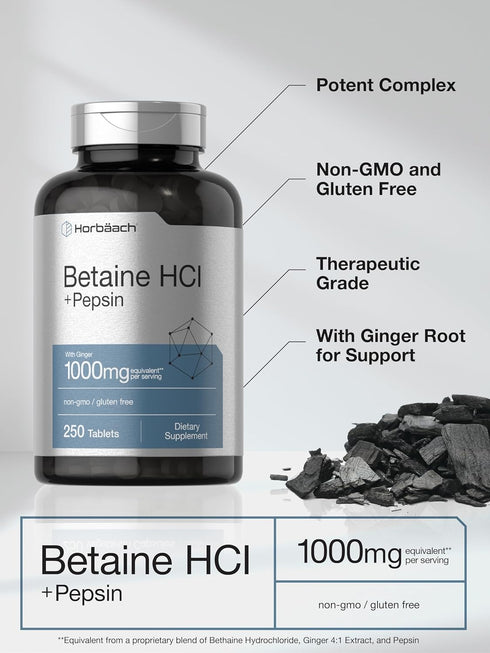Horbaach Betaine HCl with Pepsin: 1000mg, 250 Tablets, Hydrochloride Supplement with Ginger Root, Non-GMO, Gluten-Free
