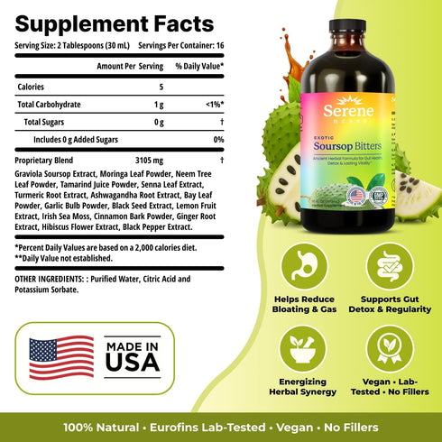 Immune 16 oz Serene Herbs - Soursop Bitters Liquid - Organic Herbal Guanabana Detox with Black Seed, Moringa & Ginger