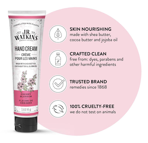 J.R. Watkins Natural Moisturizing Hand Cream, Hydrating Shea Butter, Cocoa Butter, Avocado Oil, 3.3oz, Cherry Blossom,