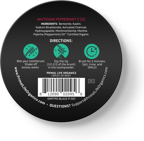 Primal Life Organics Dirty Mouth Toothpowder, Activated Charcoal, Organic, Vegan, 1 oz (Black Peppermint)