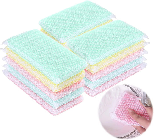Kitchen Dishwashing Sponge Individually Wrapped, Mesh Net Scouring Pad, Odor-Free, Multicolor Pack of 10 for Travel