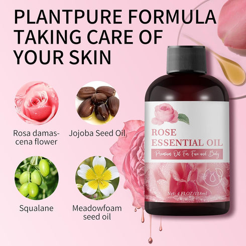 Pure Rose Essential Oil for Face 4OZ, Organic Oils for Diffuser, Soap Making, Candle Making, Body Oil for Skin Massage