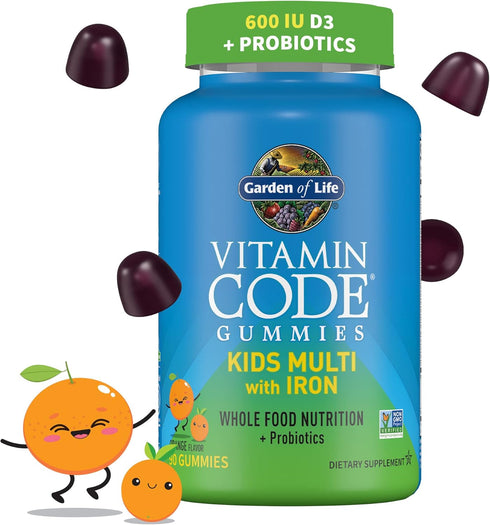 Garden of Life Kids Multivitamin Gummy with Iron+Probiotics, 30 Day Supply, Vitamins D, C, E, B, Zinc