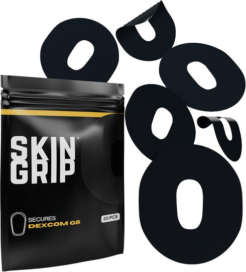 Skin Grip Adhesive Patch for Dexcom G6, Waterproof & Sweatproof, Lasts 10-14 Days, 20 Pack, Black