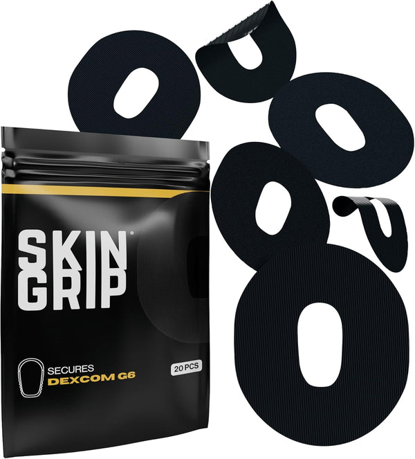 Skin Grip Adhesive Patch for Dexcom G6, Waterproof & Sweatproof, Lasts 10-14 Days, 20 Pack, Black