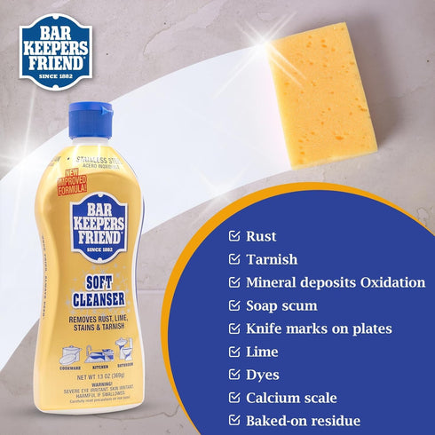 Bundle - Bar Keepers Friend 13oz Cleanser & Polish with Microfiber Towel & Scouring Pad for Kitchen, Bathroom